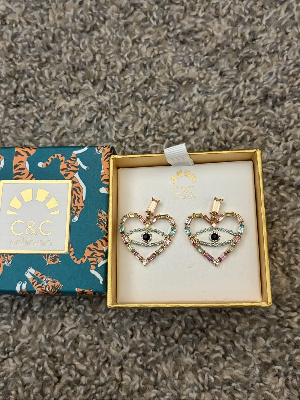 C&C California Gold Heart Earrings with Multicolor Crystal Accents